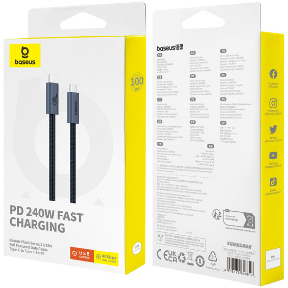 Baseus Flash Series 2 | Kabel USB-C Type-C USB4 240W PD 3.1 8K60Hz 40Gb/s 1m