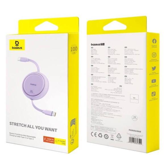Baseus Free2Draw Mini | Kabel z regulacją długości USB-C Type-C Power Delivery 100W 1m 