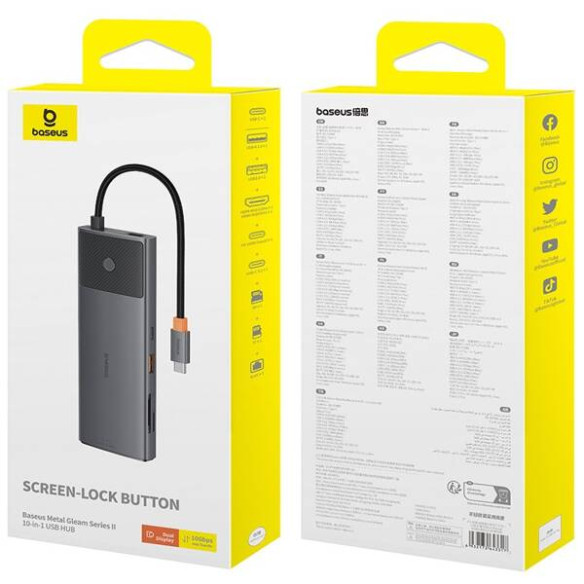 Baseus Metal Gleam II 10w1 | Adapter HUB 10w1 USB-C do 2x HDMI, RJ45, USB-C3.2, USB-A3.2, 2x USB-A2.0, SD/TF, Typ-C 100W