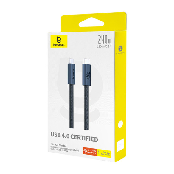 Baseus Flash 2 USB4 | Kabel USB-C do USB-C 240W | Szybkie Ładowanie i Transfer 20Gb/s  4K60Hz | 1.8m | Czarny