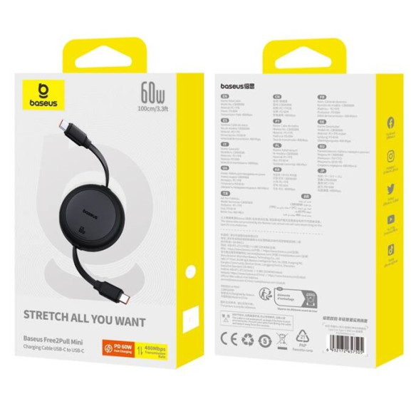 Baseus Free2Pull Mini  | Kabel zwijany, z szybkim ładowaniem, przewód, USB-C Typ-C 60W, czarny, 1m