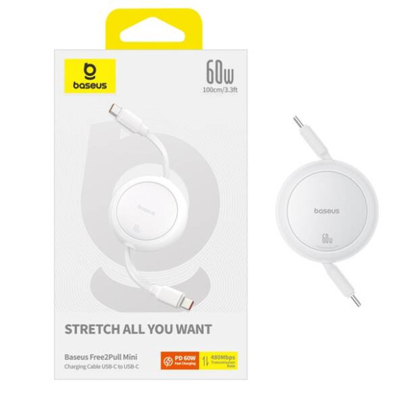 Baseus Free2Pull Mini | Kabel zwijany, z szybkim ładowaniem, przewód, USB-C Typ-C 60W, biały, 1m