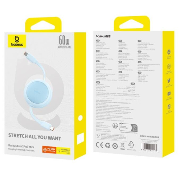 Baseus Free2Pull Mini | Kabel zwijany, z szybkim ładowaniem, przewód, USB-C Typ-C 60W, niebieski, 1m