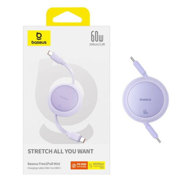 Baseus Free2Pull Mini | Kabel zwijany, z szybkim ładowaniem, przewód, USB-C Typ-C 60W, fioletowy, 1m