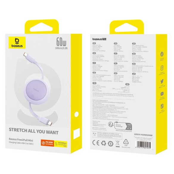 Baseus Free2Pull Mini | Kabel zwijany, z szybkim ładowaniem, przewód, USB-C Typ-C 60W, fioletowy, 1m