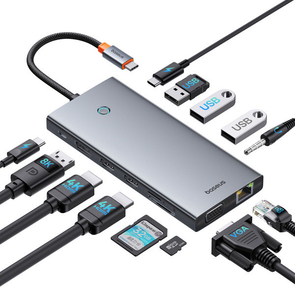 Baseus PortalJoy Series | Adapter HUB USB-C do 13 Portów,  2x HDMI, VGA, DP,  2x USB3.1, USB2.0, USB-C, Mini Jack, RJ45, SF/TF 1
