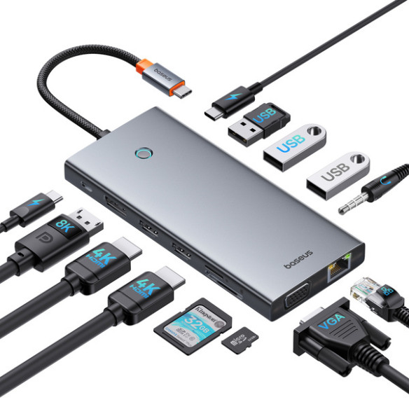Baseus PortalJoy Series | Adapter HUB USB-C do 13 Portów,  2x HDMI, VGA, DP,  2x USB3.1, USB2.0, USB-C, Mini Jack, RJ45, SF/TF 1