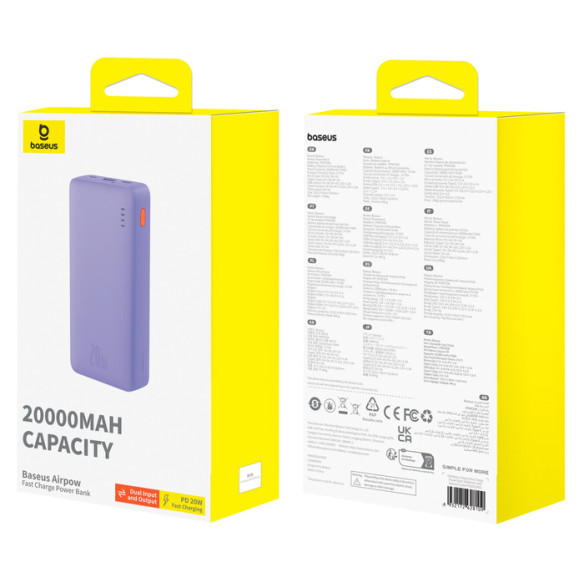 Baseus Airpow | Power Bank z szybkim ładowaniem PD 20W 20000mAh, kabel USB-C