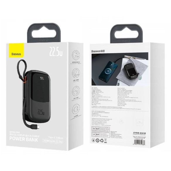 Baseus Qpow Pro | Power Bank 20000mAh 22.5W z wbudowanym kablem USB-C i szybkim ładowaniem