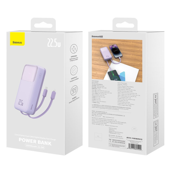 Baseus Comet Series | Power Bank z wbudowanymi kablami USB-C Lightning 20000mAh 22.5W PD QC
