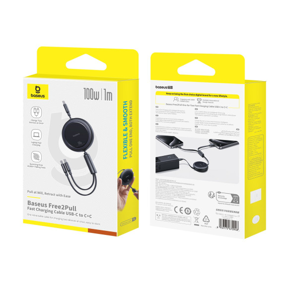 Baseus Bright Mirror Series One-for-two Fast Charging Data Cable Type-C to C+C 100W 1m Cluster Black