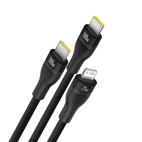 Baseus Flash Series 3 One-for-three Fast Charging Cable Type-C to C+C+L 100W 1.5m Cluster Black
