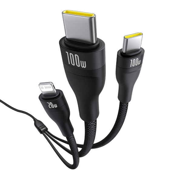 Baseus Flash Series 3 One-for-three Fast Charging Cable Type-C to C+C+L 100W 1.5m Cluster Black