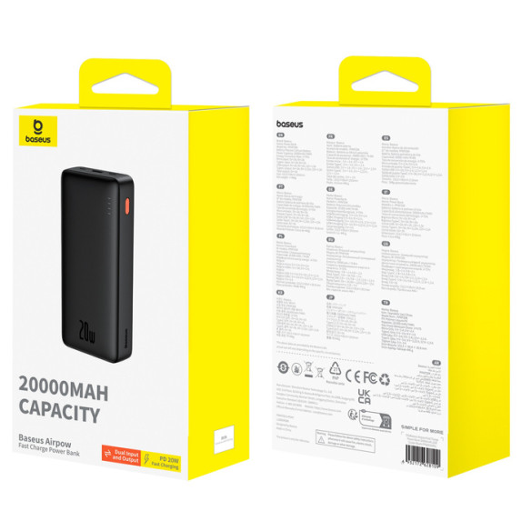 Baseus Airpow | Power Bank z szybkim ładowaniem PD 20W 20000mAh, kabel USB-C