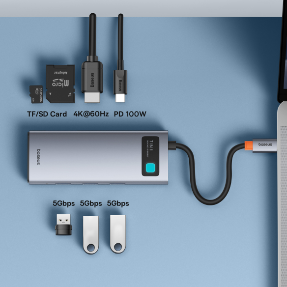 Baseus Metal Gleam Series 7-Port | HUB Adapter Przejściówka 7w1 USB-C do HDMI, 3x USB3.0, SD, TF, PD 100W