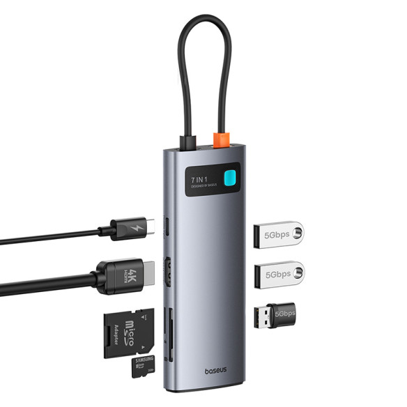 Baseus Metal Gleam Series 7-Port | HUB Adapter Przejściówka 7w1 USB-C do HDMI, 3x USB3.0, SD, TF, PD 100W
