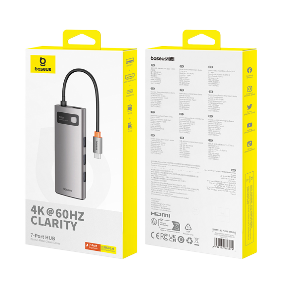 Baseus Metal Gleam Series 7-Port | HUB Adapter Przejściówka 7w1 USB-C do HDMI, 3x USB3.0, SD, TF, PD 100W