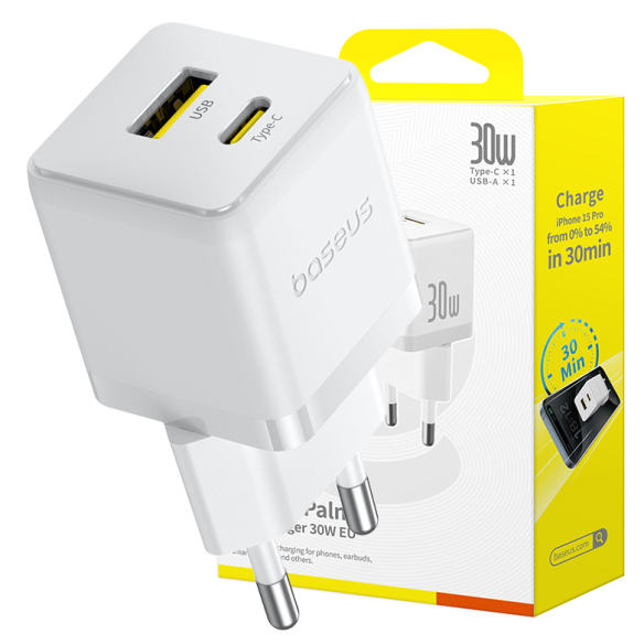 Baseus Palm Szybka Ładowarka Sieciowa C+U 30W EU Moon White