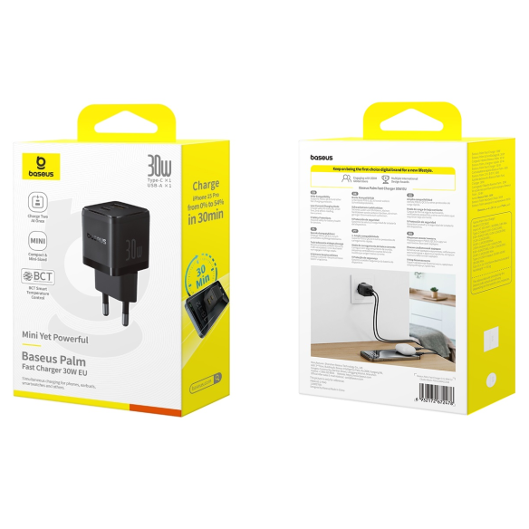 Baseus Palm Szybka Ładowarka Sieciowa C+U 30W EU Cluster Black