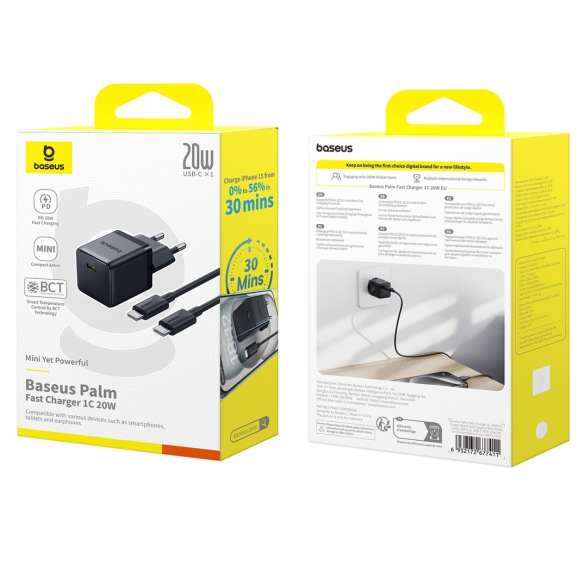 Baseus Palm Szybka Ładowarka Sieciowa 1C 20W EU Cluster Black