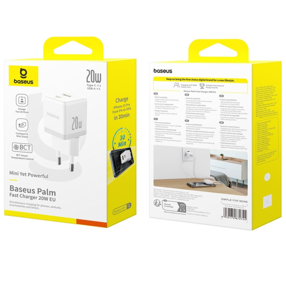 Baseus Palm Szybka Ładowarka Sieciowa C+U 20W EU Moon White