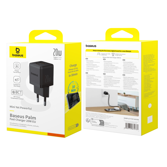 Baseus Palm |  Szybka Ładowarka Sieciowa, Zasilacz USB-C USB-A PD 20W