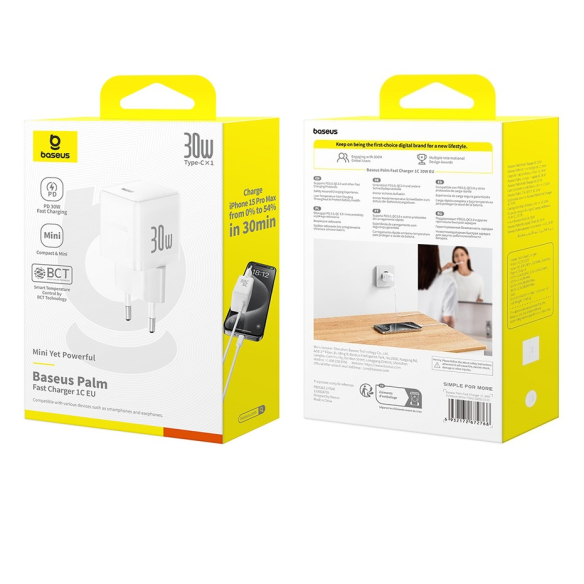 Baseus Palm Szybka Ładowarka Sieciowa 1C 30W EU Moon White