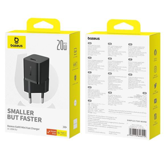Baseus GaN5 Szybka Ładowarka Sieciowa Mini 1C 20W EU Cluster Black