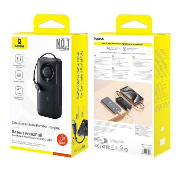 Baseus Free2Pull Power Bank with Retractable Cable 10000mAh 30W Cosmic Black