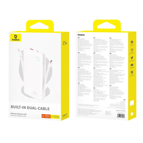 Baseus Airpow Lite Power Bank 10000mAh 22.5W Dual-Cable Moon White