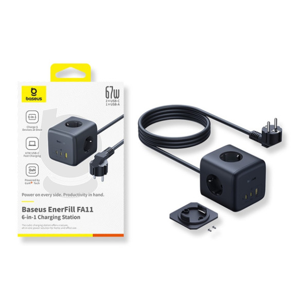 OS-Baseus EnerFill FA11 Kostka Ładująca 3AC+1U+1C 67W 1.5m EU Cosmic Black