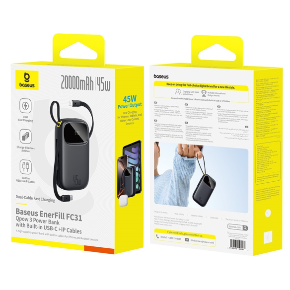OS-Baseus EnerFill FC31 Qpow 3 Digital Display Power Bank with USB-C+iP Cables 20000mAh 45W Cosmic Black