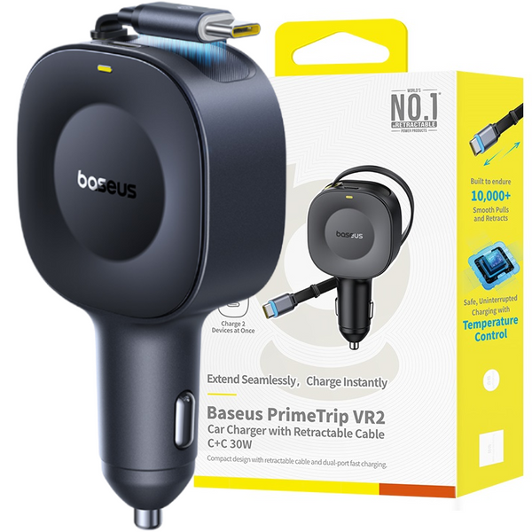 Baseus PrimeTrip VR2 Ładowarka Samochodowa Z ?Wysuwanym Kablem C+C 30W Cosmic Black