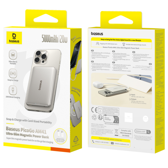 Baseus PicoGo AM41 Ultracienki Magnetyczny Power Bank 5000mAh 20W Natural Titanium