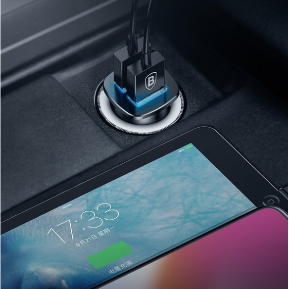 Baseus Square Metal A+A | Ładowarka samochodowa 2x USB QC 3.0 Huawei SCP 5A