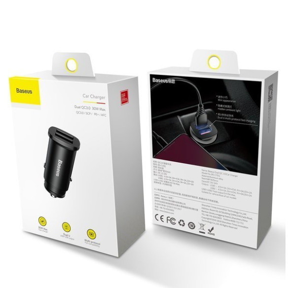Baseus Square Metal A+A | Ładowarka samochodowa 2x USB QC 3.0 Huawei SCP 5A
