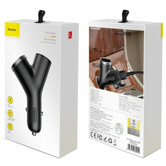 Baseus Y Type | Ładowarka samochodowa 2x USB 3.4A +  gniazdo zapalniczki 40W