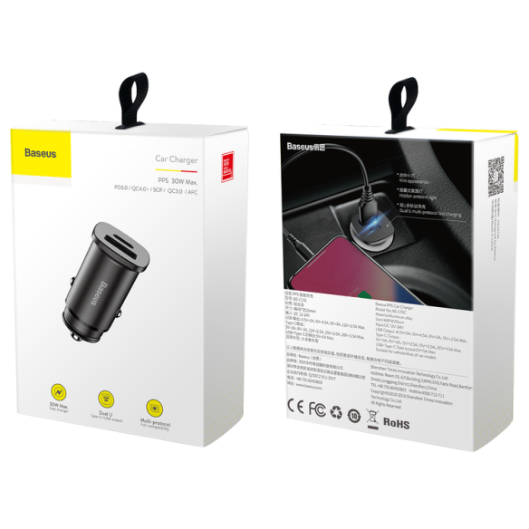 Baseus Square metal A+C 30W | Ładowarka samochodowa USB-A Type-C QC3.0 PD 30W 5A