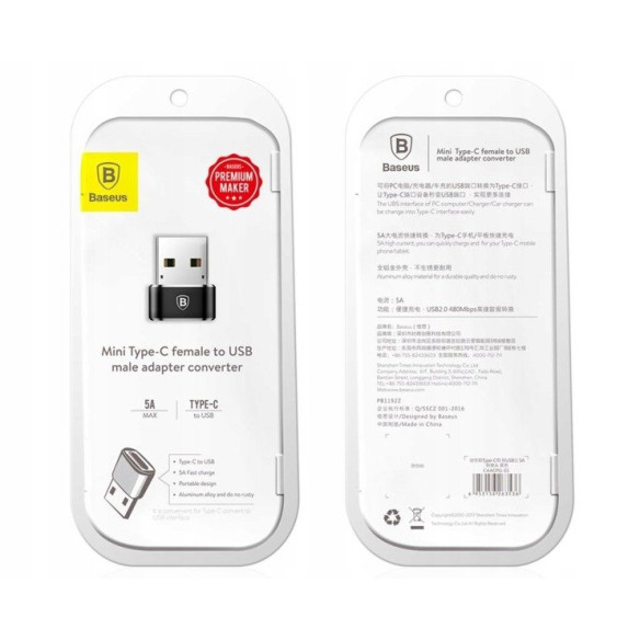 Baseus USB Male To Type-C Female | Adapter przejściówka z USB-A / USB-C OTG 3A
