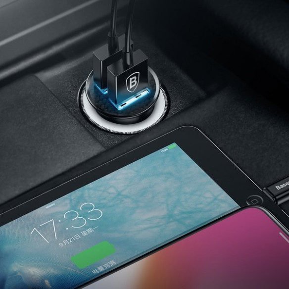 Baseus Circular Plastic A+A 30W |  Ładowarka samochodowa 2x USB Quick Charge 3.0 Huawei SCP 5A LED